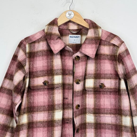 OLD NAVY Plaid Utility Shacket Pink Womens M Transitional Fall Flannel Jacket - Picture 7 of 11
